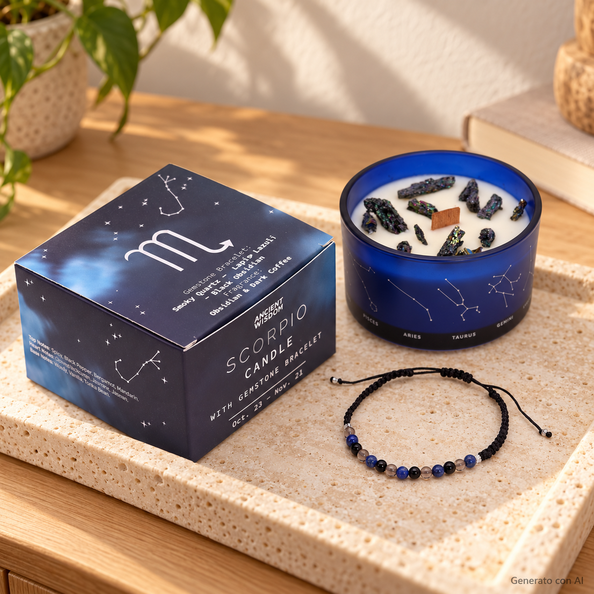 Candela Scorpione dello Zodiaco con confezione e braccialetto, ambientata su una consolle in legno.
