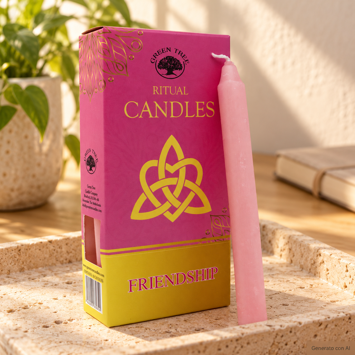 Set 10 Candele per rituali - Amicizia, con confezione originale e candela, ambientato su un piano in pietra.