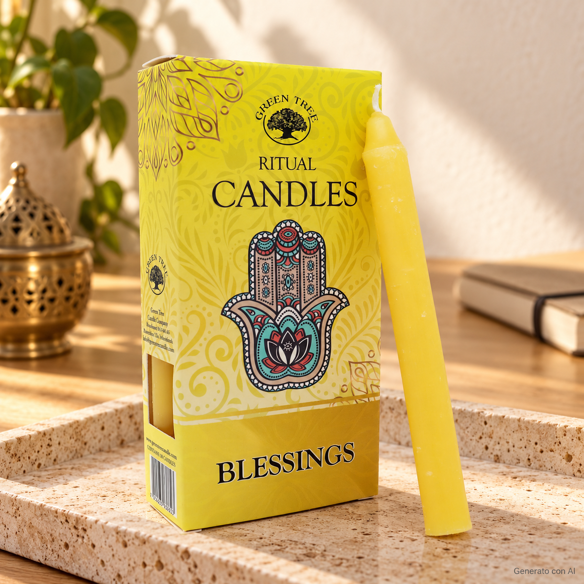 Set 10 Candele per rituali - Benedizione, con confezione originale e candela, ambientato su un piano in pietra.