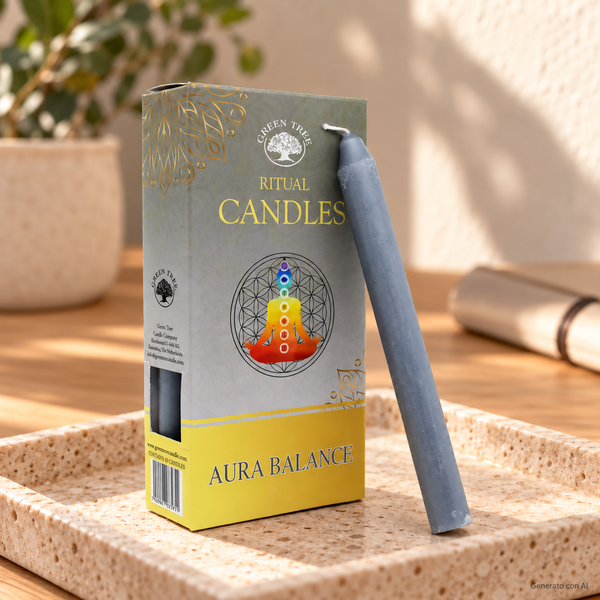 Set 10 Candele per rituali - Bilanciamento dell’aura, con confezione originale e candela, ambientato su un piano in pietra.