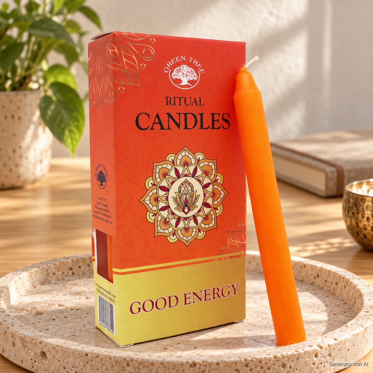 Set 10 Candele per rituali - Energia Positiva, con confezione originale e candela, ambientato su un piano in pietra.