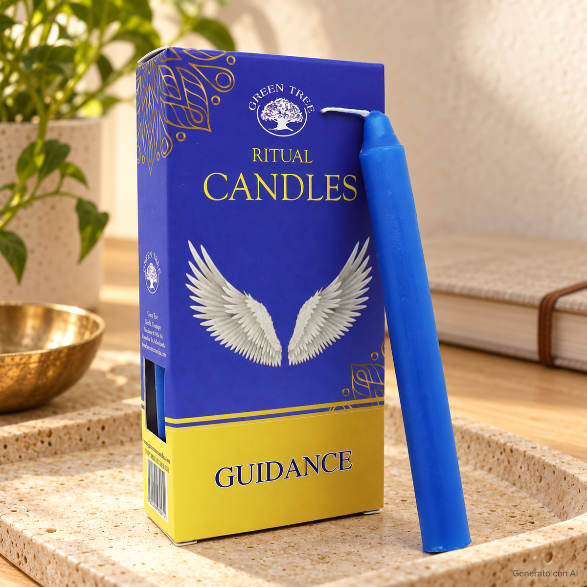 Set 10 Candele per rituali - Guida Angelica, con confezione originale e candela, ambientato su un piano in pietra.