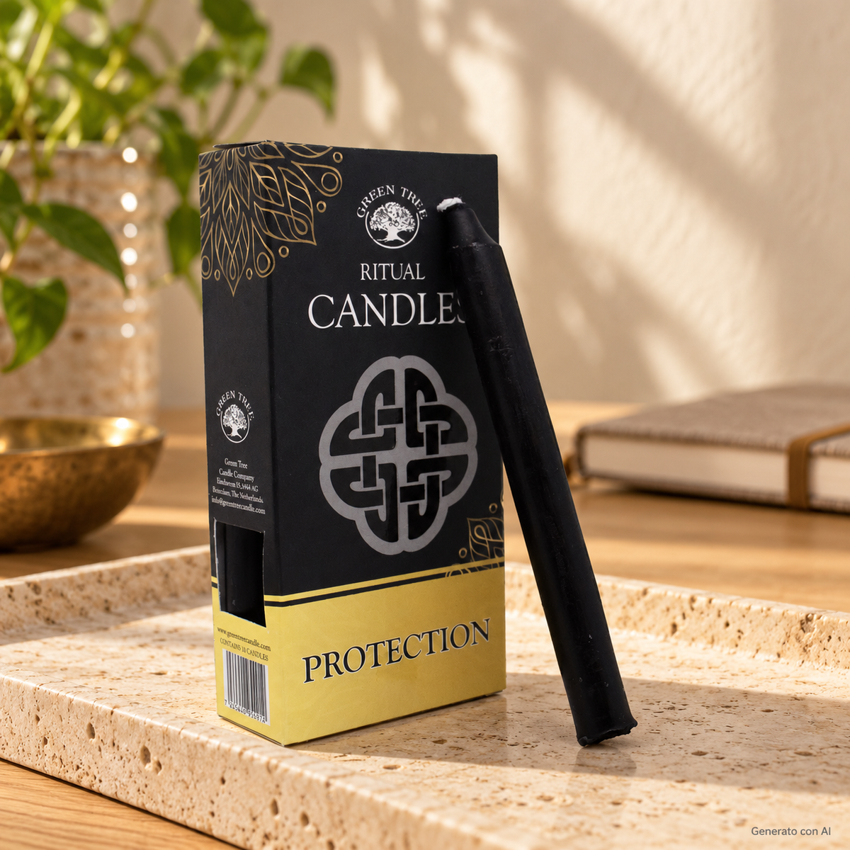 Set 10 Candele per rituali - Protezione, con confezione originale e candela, ambientato su un piano in pietra.