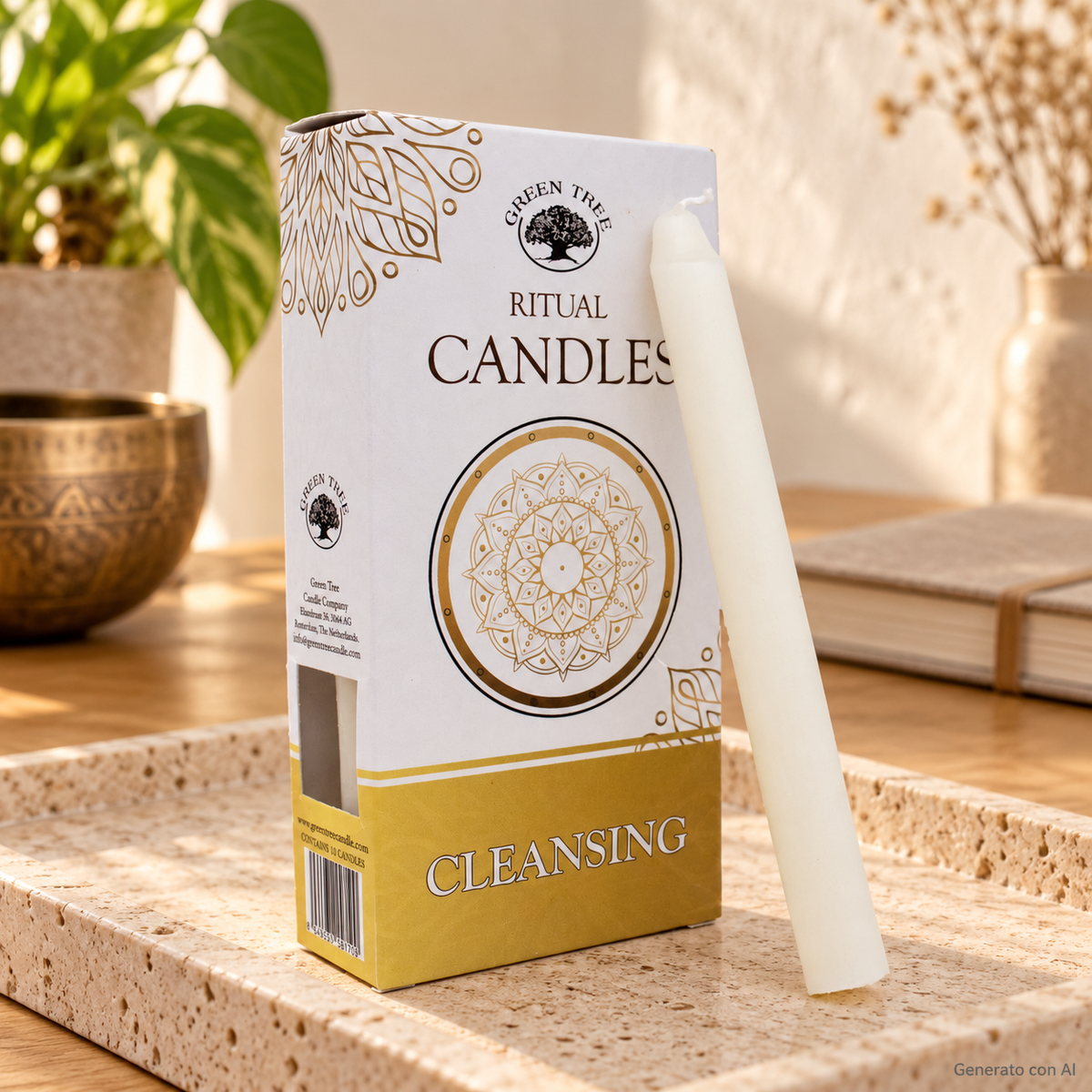Set 10 Candele per rituali - Pulizia Energetica, con confezione originale e candela, ambientato su un piano in pietra.