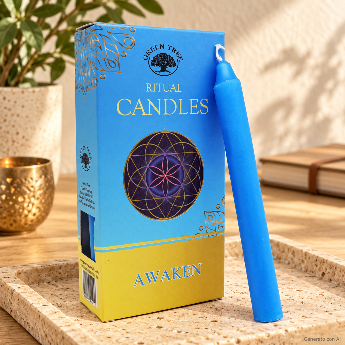 Set 10 Candele per rituali - Risveglio Spirituale, con confezione originale e candela, ambientato su un piano in pietra.