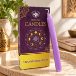Set 10 Candele per rituali - Trasformazione, con confezione originale e candela, ambientato su un piano in pietra.