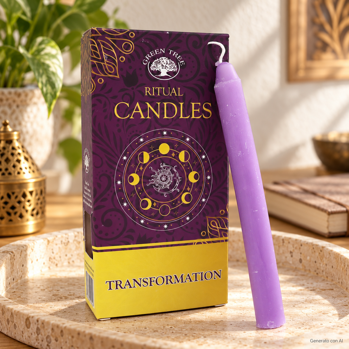 Set 10 Candele per rituali - Trasformazione, con confezione originale e candela, ambientato su un piano in pietra.