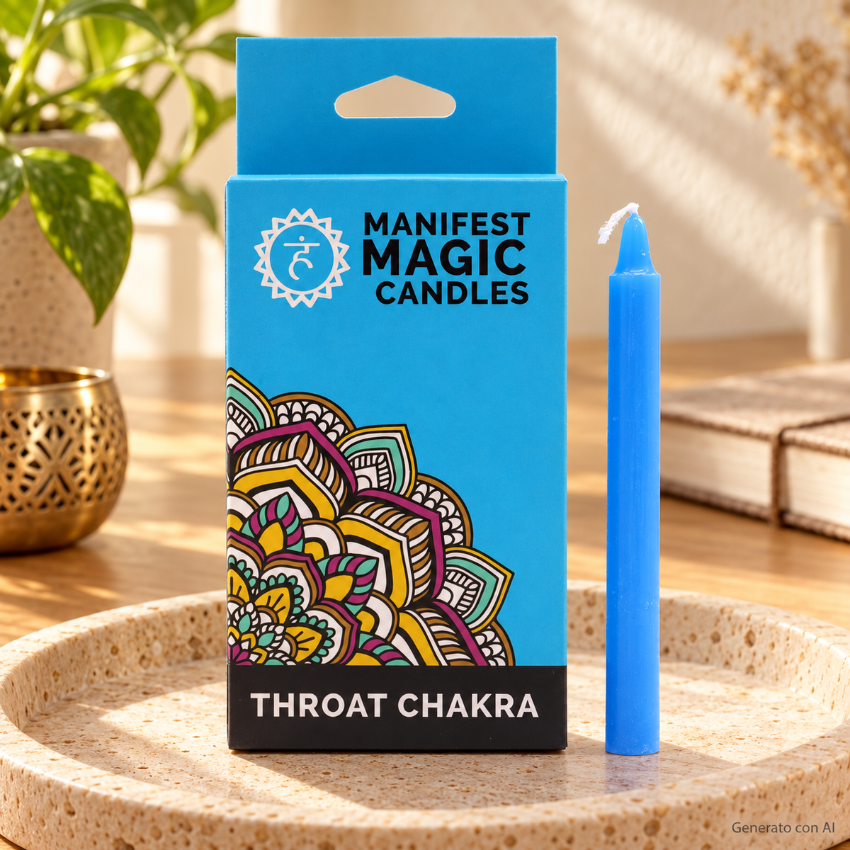 Set 12 Candele azzurre per rituali - 5 Chakra, con confezione originale e candela, ambientato su un piano in pietra.