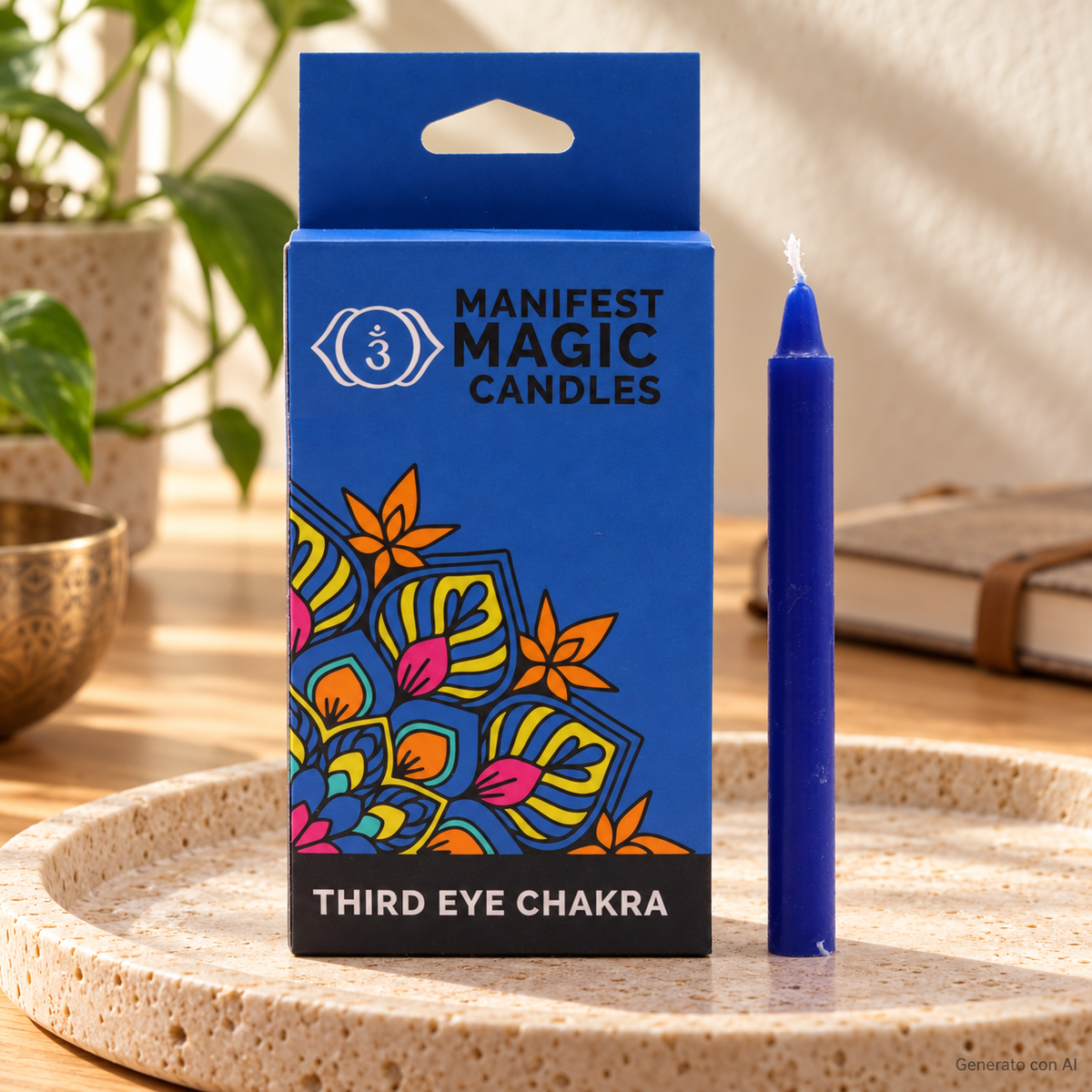 Set 12 Candele blu scuro per rituali - 6 Chakra, con confezione originale e candela, ambientato su un piano in pietra.