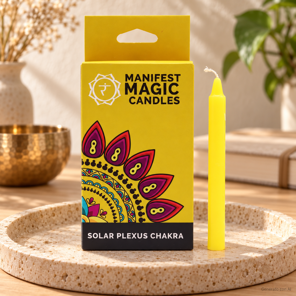Set 12 Candele gialle per rituali - 3 Chakra, con confezione originale e candela, ambientato su un piano in pietra.