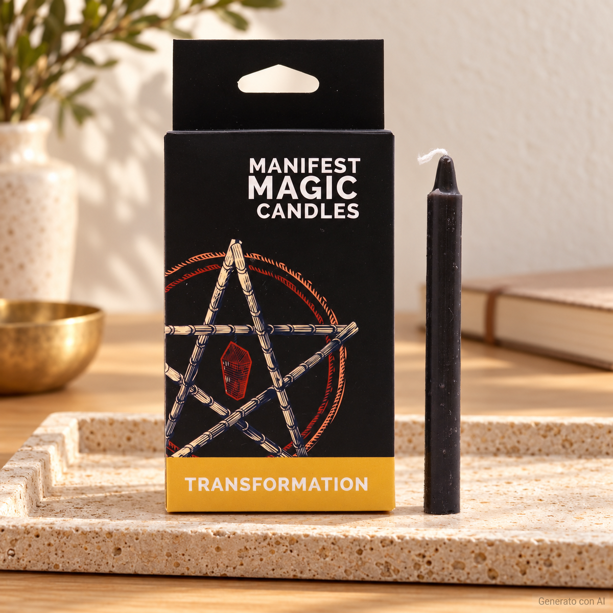 Set 12 Candele nere - Trasformazione, con confezione originale e candela, ambientato su un piano in pietra.