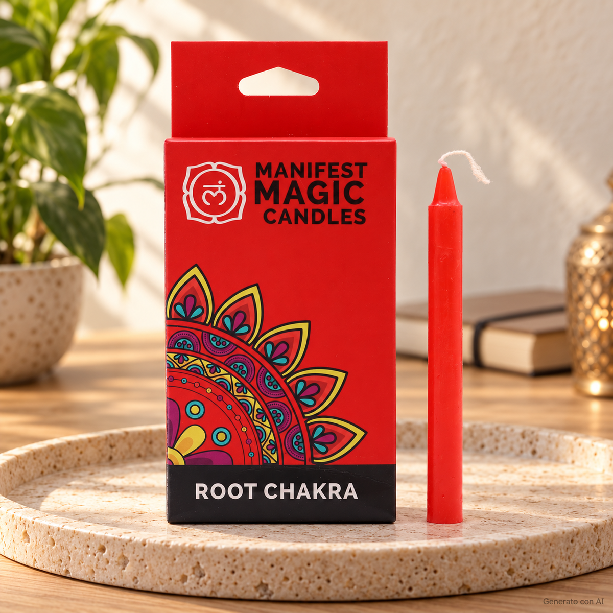Set 12 Candele rosse per rituali - 1 Chakra, con confezione originale e candela, ambientato su un piano in pietra.