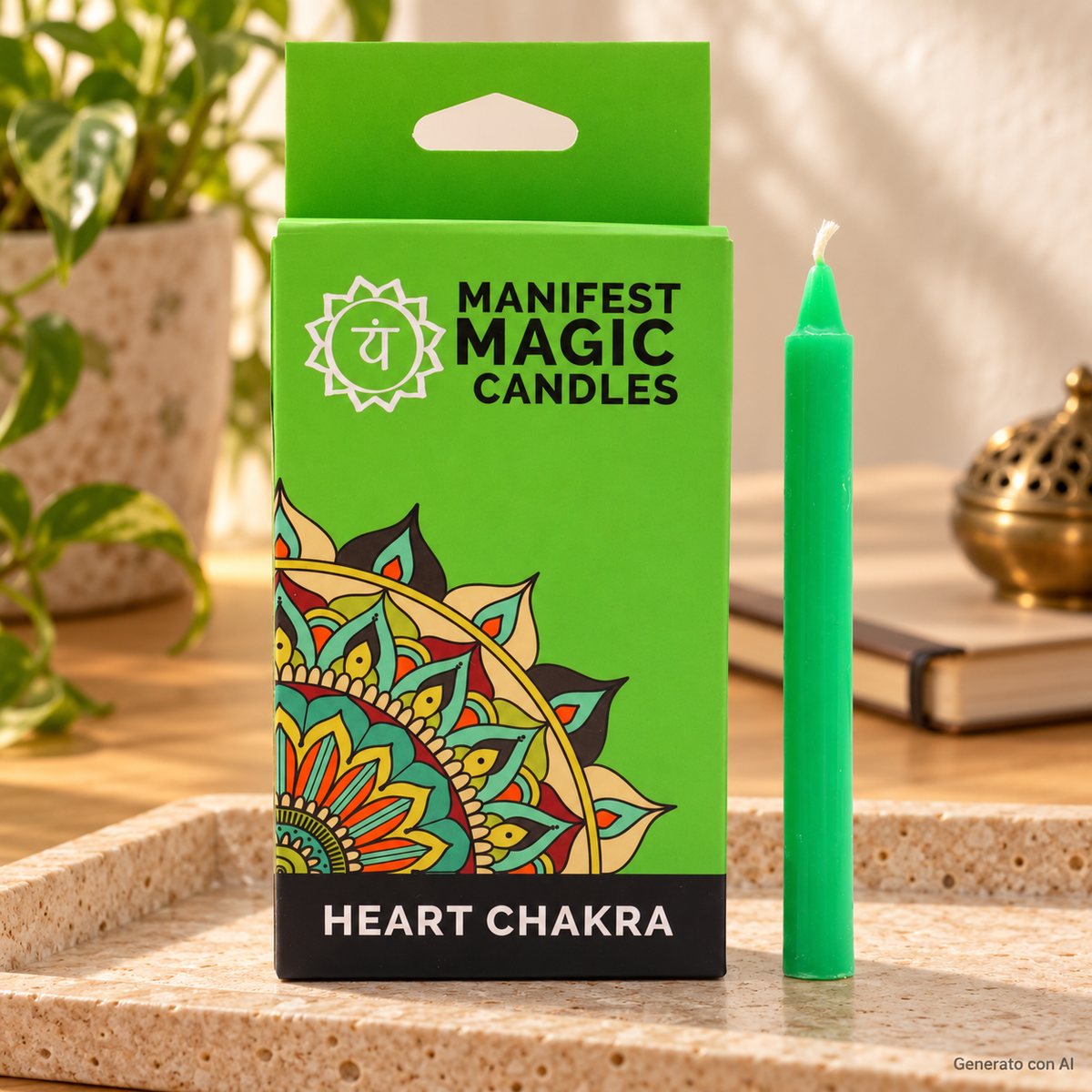 Set 12 Candele verdi per rituali - 4 Chakra, con confezione originale e candela, ambientato su un piano in pietra.