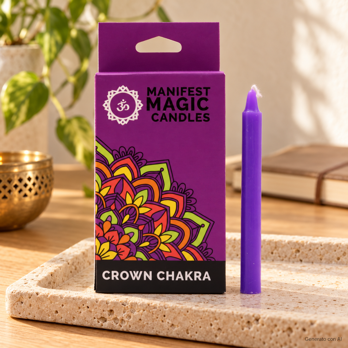 Set 12 Candele viola per rituali - 7 Chakra, con confezione originale e candela, ambientato su un piano in pietra.