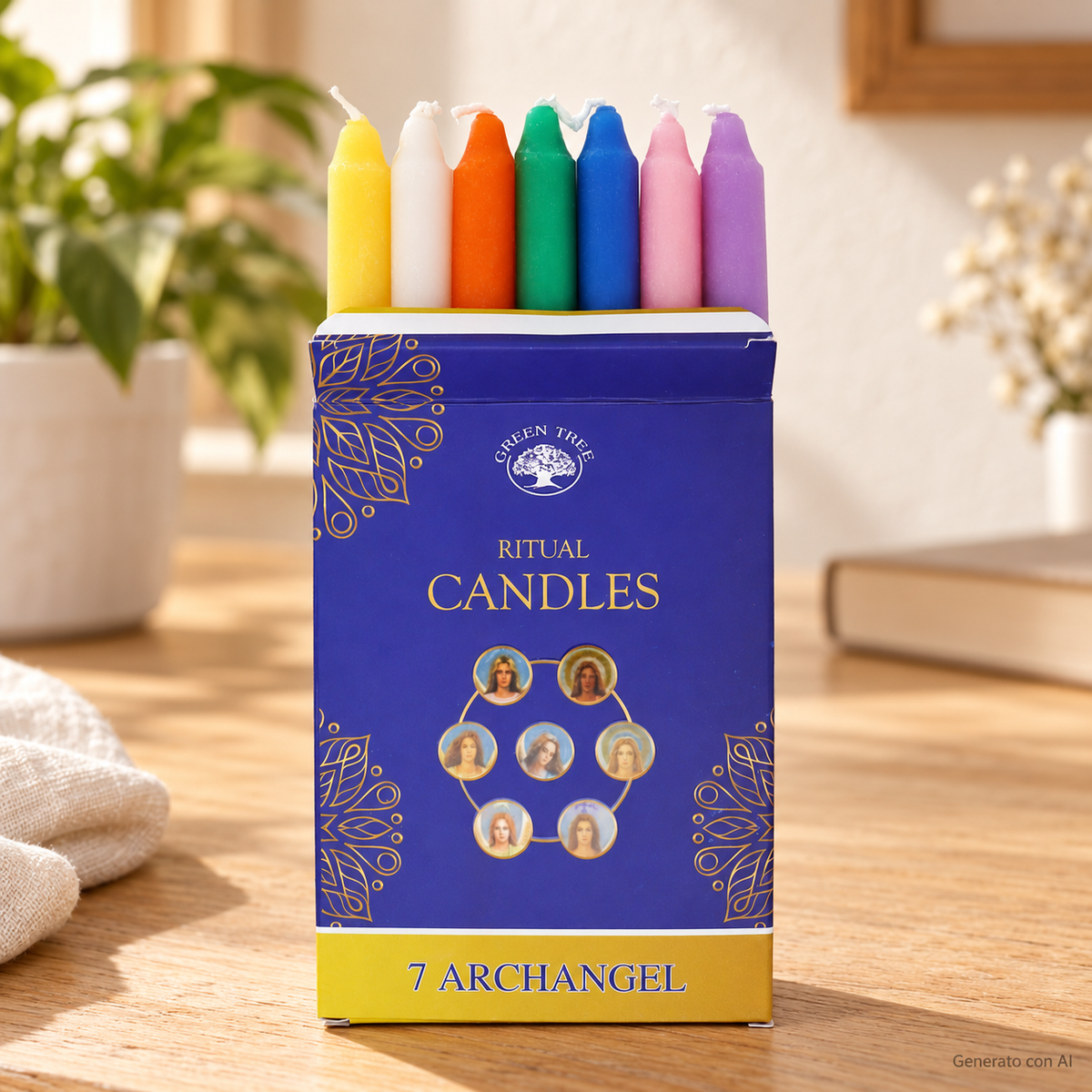 Set 7 Candele per rituali - 7 Arcangeli, confezione ambientata su un tavolo in legno chiaro.