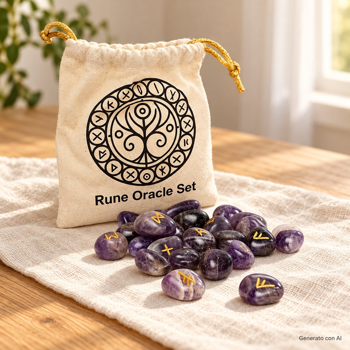 Set di rune in ametista con sacchetto in cotone su tavolo in legno e lino – immagine ambientata generata con AI