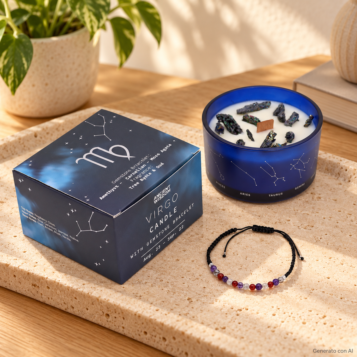 Candela Vergine dello Zodiaco con confezione e braccialetto, ambientata su una consolle in legno.